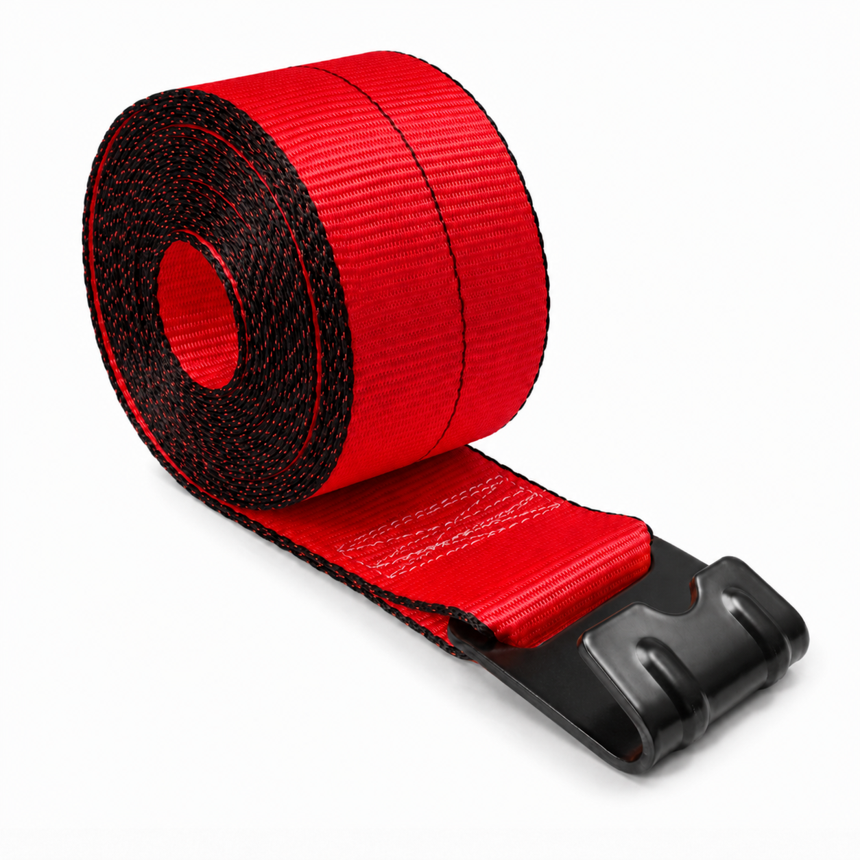 A red webbing strap with a black plastic buckle, shown coiled on a white background.